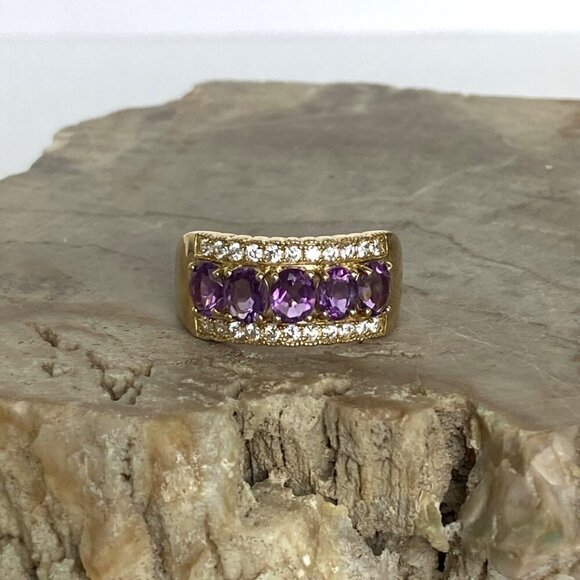 Gold Vermeil Sterling Silver 925 Prong Set Oval Amethyst CZ Wide Band Ring Sz 9 - Picture 2 of 16